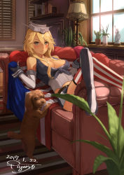 Rule 34 | 10s, 1girl, 2017, american flag, american flag legwear, animal, asymmetrical legwear, bare shoulders, blonde hair, blue eyes, blush, breasts, cactus, carpet, cleavage, couch, crossed legs, dated, day, detached sleeves, dog, elbow gloves, fingerless gloves, flag print, front-tie top, garter straps, gloves, hair between eyes, headgear, indoors, iowa (kancolle), kantai collection, lamp, large breasts, looking at viewer, miniskirt, mismatched legwear, pajant, plant, signature, skirt, solo, star-shaped pupils, star (symbol), statue of liberty, striped clothes, striped thighhighs, symbol-shaped pupils, thighhighs, vertical-striped clothes, vertical-striped thighhighs, window