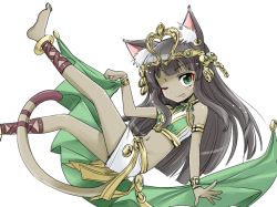 Rule 34 | 1girl, ;p, animal ears, bastet (p&amp;d), black hair, cat ears, cat tail, dark skin, dark-skinned female, green eyes, headgear, jewelry, looking at viewer, lots of jewelry, mikagami hiyori, navel, one eye closed, puzzle &amp; dragons, smile, solo, tail, tongue, tongue out