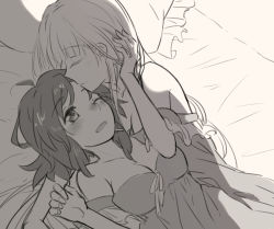 Rule 34 | 10s, 2girls, adjusting hair, ahoge, artist request, bare arms, bare shoulders, bed, blush, breasts, cleavage, collarbone, couple, dress, closed eyes, female focus, kissing forehead, frilled dress, frilled nightgown, frills, hair ornament, izetta, kiss, large breasts, long hair, looking at another, lying, monochrome, multiple girls, neck, nightgown, off shoulder, on back, on side, one eye closed, open mouth, ortfine fredericka von eylstadt, pillow, short hair, shuumatsu no izetta, upper body, wince, yuri