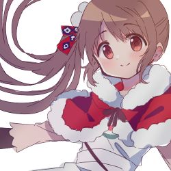 Rule 34 | 1girl, apron, arms at sides, brown eyes, brown hair, brown ribbon, capelet, christmas, closed mouth, clothes writing, dot nose, flat chest, floating hair, fur-trimmed capelet, fur trim, hair ornament, light blush, long hair, looking at viewer, lowres, magia record: mahou shoujo madoka magica gaiden, mahou shoujo madoka magica, pom pom (clothes), pom pom hair ornament, red capelet, ribbon, ruru (rurumagi), side ponytail, sidelocks, simple background, smile, solo, swept bangs, tareme, white apron, white background, wide-eyed, yui tsuruno, yui tsuruno (delivery ver.)