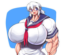 Rule 34 | blue eyes, breasts, extreme muscles, gigantic breasts, glasses, mocoack, school uniform, smile, white hair