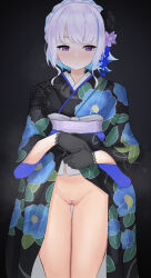 Rule 34 | 1girl, absurdres, black gloves, blue hair, blush, braid, cleft of venus, closed mouth, clothes lift, crown braid, female pubic hair, flower, gloves, hair flower, hair ornament, highres, japanese clothes, kimono, lace, lace-trimmed gloves, lace trim, lize helesta, lize helesta (6th costume), medium hair, multicolored hair, nijisanji, pubic hair, purple eyes, pussy, shy, simple background, solo, thigh gap, two-tone hair, virtual youtuber, we4ge, white hair, white pubic hair