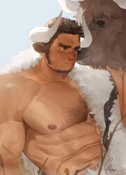 Rule 34 | 1boy, abs, animal, animal ears, bara, chest hair, closed mouth, cow, cow boy, cow ears, cow horns, facial hair, goo (koushishikou11), highres, horns, large pectorals, male focus, muscular, muscular male, nipples, original, pectorals, petting, scar, scar on face, scar on nose, sideburns, upper body