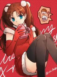 Rule 34 | 1girl, 2boys, archer (fate), blue eyes, brown hair, chibi, chibi inset, christmas, elbow gloves, emiya shirou, fate/stay night, fate (series), gift, gloves, hat, multiple boys, niu illuminator, red gloves, santa costume, solo focus, thighhighs, tohsaka rin, two side up