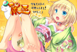 Rule 34 | 10s, 1girl, 2013, bandaid, barefoot, blonde hair, blue eyes, blush, breasts, chinese zodiac, dated, feet, floral print, flower, happy, highres, japanese clothes, kimono, kotoyoro, new year, open mouth, original, panties, polka dot, sekine irie, short hair, snake, snake (chinese zodiac), solo, toes, underwear