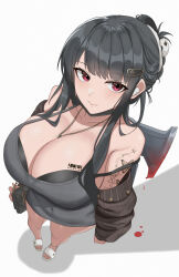 Rule 34 | 1girl, absurdres, axe, barcode, barcode tattoo, black bra, black dress, black hair, black nails, blood, bloody weapon, blunt bangs, bra, breast tattoo, breasts, butterfly tattoo, closed mouth, d (killer wife) (nikke), d (nikke), dongtan dress, dress, from above, goddess of victory: nikke, hair ornament, hairclip, hatchet (axe), heart, heart necklace, highres, holding, holding weapon, jewelry, large breasts, long hair, meme attire, nail polish, necklace, official alternate costume, red eyes, smile, solo, tattoo, underwear, user nynu4828, weapon, weapon behind back
