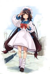 Rule 34 | 1girl, 53c, arm up, beret, black hair, blue sailor collar, blush, bow, brown footwear, commentary, dress, english commentary, eyebrows hidden by hair, flower-shaped pupils, full body, genshin impact, grin, hat, highres, hu tao (genshin impact), loafers, long hair, long sleeves, looking at viewer, loose socks, low twintails, puffy long sleeves, puffy sleeves, red bow, red eyes, sailor collar, sailor dress, shoes, smile, socks, solo, standing, symbol-shaped pupils, twintails, very long hair, white dress, white hat, white socks