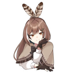 Rule 34 | ahoge, brown capelet, brown cloak, brown eyes, brown hair, capelet, cloak, crossed bangs, double-parted bangs, gloves, hair between eyes, half-closed eyes, head rest, hieroglyphics, highres, hololive, hololive english, looking at viewer, meteor (ks111278), multicolored hair, nanashi mumei, nanashi mumei (1st costume), partially fingerless gloves, ribbon, shirt, smile, streaked hair, upper body, virtual youtuber, white shirt