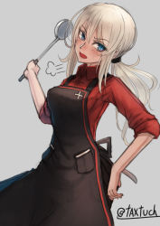 Rule 34 | 10s, 1girl, puff of air, alternate hairstyle, apron, black apron, black skirt, blue eyes, blush, check commentary, commentary request, cowboy shot, dress shirt, emblem, frown, girls und panzer, grey background, hair tie, hand on own hip, highres, holding, holding ladle, itsumi erika, ladle, long hair, looking at viewer, miniskirt, one-hour drawing challenge, open mouth, pleated skirt, ponytail, red shirt, shirt, sigh, silver hair, simple background, skirt, sleeves rolled up, solo, standing, sweatdrop, tacch, twitter username