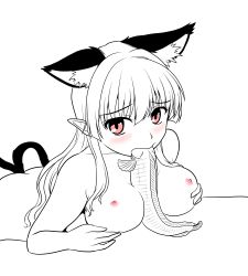 Rule 34 | 1girl, animal ears, bad id, bad pixiv id, blush, breasts, cat ears, fish, isaki (gomi), kaenbyou rin, large breasts, long hair, monochrome, nipples, nude, pointy ears, red eyes, sexually suggestive, solo, spot color, tail, touhou, twintails