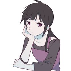 Rule 34 | 1girl, apron, asahina hiyori, b (bgoldmole), black shirt, blunt bangs, bored, casual, clenched hand, closed mouth, collarbone, commentary request, cropped torso, hand on own cheek, hand on own face, kagerou project, looking to the side, pale skin, partial commentary, ponytail, purple apron, purple eyes, shirt, simple background, sleeves past elbows, solo, t-shirt, upper body
