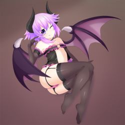 Rule 34 | 1girl, blush, d-pad, d-pad hair ornament, demon girl, demon horns, demon wings, full body, hair ornament, horns, looking at viewer, neptune (neptunia), neptune (series), one eye closed, panties, purple eyes, purple hair, purple panties, santystuff, short hair, smile, solo, tail, thighhighs, tongue, tongue out, underwear, wings