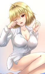 Rule 34 | 1girl, ahoge, alternate costume, arcueid brunestud, blonde hair, blush, breasts, cleavage, collarbone, commentary request, dress shirt, grey background, hair intakes, highres, large breasts, long sleeves, looking at viewer, one eye closed, open mouth, red eyes, rubbing eyes, shirt, short hair, sitting, sleepy, solo, teeth, thighs, tongue, tsukihime, vent vert (kuuya), white shirt
