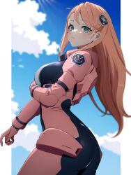 Rule 34 | 1girl, aida rayhunton, ass, blush, bodysuit, breasts, campbell xx, closed mouth, cloud, cloudy sky, from side, green eyes, gundam, gundam g no reconguista, hair ornament, highres, large breasts, long hair, looking at viewer, looking to the side, orange hair, pilot suit, pink hair, simple background, sky, solo, swept bangs