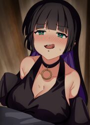 Rule 34 | 1girl, :q, aqua eyes, bare shoulders, black hair, blunt bangs, blush, bocchi the rock!, breasts, chin piercing, cleavage, forked tongue, heart, heart-shaped pupils, highres, hikentai0112, large breasts, long hair, multicolored hair, pa-san, purple hair, sleeves past wrists, solo, sweat, symbol-shaped pupils, teeth, tongue, tongue out, two-tone hair