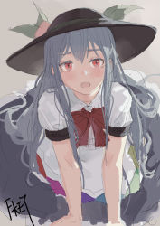 Rule 34 | 1girl, black hat, blush, bow, bowtie, fkey, grey background, grey skirt, hat, hinanawi tenshi, looking at viewer, open mouth, puffy short sleeves, puffy sleeves, red bow, red bowtie, red eyes, shirt, short sleeves, signature, sketch, skirt, solo, touhou, white shirt