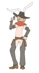 Rule 34 | 1girl, animal ears, bandana, bandana over mouth, blonde hair, blue eyes, blush, boots, chaps, cleft of venus, cowboy boots, cowboy western, detached sleeves, female focus, flat chest, full body, gun, hair over one eye, handgun, hat, highres, holding, holding gun, holding weapon, jitome, nipples, original, pouch, pussy, rabbit ears, revealing clothes, reverse outfit, sidelocks, sketch, solo, weapon, yanagi yuu