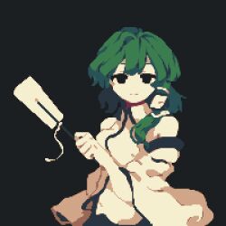 Rule 34 | 1girl, 4qw5, :|, bare shoulders, black eyes, breasts, closed mouth, dark background, detached sleeves, expressionless, eyebrows hidden by hair, gohei, green hair, grey background, hair ornament, hair tubes, hand up, holding, holding stick, kochiya sanae, long hair, long sleeves, medium breasts, pixel art, shirt, simple background, snake hair ornament, solo, stick, touhou, white shirt, wide sleeves