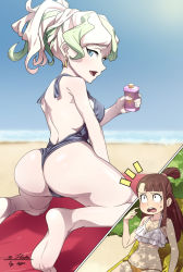 Rule 34 | 2girls, artist name, ass, back, bare shoulders, barefoot, beach, bikini, blonde hair, blue eyes, blush, bottle, breasts, brown eyes, brown hair, casual one-piece swimsuit, commission, constricted pupils, diana cavendish, earrings, eyelashes, feet, hair up, holding, holding bottle, jewelry, kagari atsuko, kneeling, little witch academia, long hair, looking at viewer, looking back, lotion, medium breasts, multicolored hair, multiple girls, navel, ocean, one-piece swimsuit, open mouth, pointing, pointing at self, ponytail, sand, short ponytail, signature, sitting, skeb commission, sunlight, sunscreen, surprised, sweatdrop, swimsuit, towel, two-tone hair, uganda (ugandam 00), wide-eyed, yuri