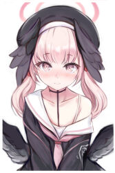 Rule 34 | 1girl, beret, black hat, black shirt, black wings, blue archive, blush, closed mouth, collarbone, feathered wings, flat chest, halo, hat, head wings, koharu (blue archive), long sleeves, looking at viewer, low wings, nannacy7, neckerchief, off shoulder, pink eyes, pink hair, pink halo, pink neckerchief, sailor collar, sailor shirt, shirt, simple background, single bare shoulder, smile, solo, twintails, upper body, white background, white sailor collar, wings