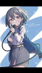 Rule 34 | 1girl, bang dream!, bang dream! it&#039;s mygo!!!!!, belt, blue jacket, brown eyes, closed mouth, collaboration, collared shirt, commentary request, cow, dress shirt, earrings, grey hair, grey skirt, hair between eyes, highres, holding, holding microphone, jacket, jewelry, kai3700, letterboxed, long sleeves, looking at viewer, microphone, open clothes, open jacket, shirt, short hair, skirt, solo, sou (user hgyh8775), takamatsu tomori, translation request, white shirt