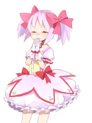 Rule 34 | 10s, 1girl, bow, bubble skirt, choker, closed eyes, drawr, gloves, hair bow, jewelry, kaname madoka, magical girl, mahou shoujo madoka magica, mahou shoujo madoka magica (anime), mikan (ama no hakoniwa), oekaki, own hands clasped, own hands together, pendant, pink hair, praying, puffy sleeves, ribbon, short hair, short twintails, simple background, skirt, solo, tears, twintails