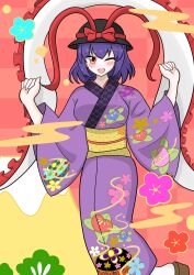 Rule 34 | 1girl, ;d, absurdres, black hat, blush, bow, commentary request, floral print, frilled shawl, frills, hat, hat bow, highres, japanese clothes, kanisizuha, kimono, long sleeves, looking at viewer, nagae iku, one eye closed, open mouth, purple hair, purple kimono, red background, red bow, red eyes, sash, shawl, short hair, smile, solo, touhou, wide sleeves, yukata