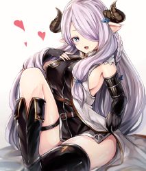 Rule 34 | 10s, 1girl, :d, belt, black footwear, black gloves, blue eyes, blush, boots, braid, breasts, demon horns, draph, fingerless gloves, gloves, gradient background, granblue fantasy, hair ornament, hair over one eye, hairclip, heart, horns, large breasts, light purple hair, long hair, looking at viewer, narmaya (granblue fantasy), open mouth, pointy ears, shoes, sideboob, single thighhigh, sitting, sleeveless, smile, solo, thigh strap, thighhighs, very long hair, watao