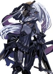 Rule 34 | 1girl, bare shoulders, black dress, colored skin, commentary request, cowboy shot, cyborg, dress, facial mark, fangs, flat chest, girls&#039; frontline, grey hair, heterochromia, highres, holding, holding weapon, long hair, looking at viewer, mask, mask on head, mechanical arms, mechanical legs, narciss (girls&#039; frontline), nyto (girls&#039; frontline), open mouth, pink eyes, simple background, smile, solo, weapon, white background, white skin, yellow eyes, zandorosouls