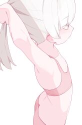 1girl adjusting_hair armpits arms_behind_head ass bra flat_chest highres hiroki_(yyqw7151) original panties pink_bra pink_panties ponytail red_eyes short_hair simple_background solo underwear underwear_only white_background white_hair