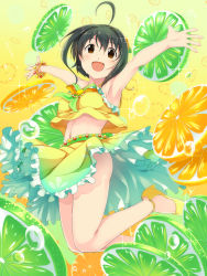 Rule 34 | 10s, 1girl, ahoge, black hair, blush, brown eyes, commentary request, food, fruit, idolmaster, idolmaster cinderella girls, kohinata miho, lemon, lemon slice, lime (fruit), lime slice, looking at viewer, open mouth, outstretched arms, sch, short hair, smile, solo, water