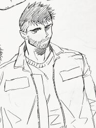 Rule 34 | 1boy, alternate costume, bara, beard, collared jacket, dickfish (fishismdick), facial hair, frown, highres, jacket, john rottweil (dickfish), looking to the side, male focus, mature male, open clothes, open jacket, original, scan, short hair, sideburns, sketch, solo, stubble, thick eyebrows, traditional media, upper body
