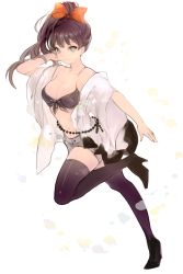 Rule 34 | 1girl, bad id, bad twitter id, bare shoulders, brown hair, character request, high heels, lpip, midriff, ponytail, ribbon, short shorts, shorts, simple background, solo, thighhighs