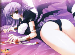 Rule 34 | 1girl, 5pb., animal ears, ass, bandages, bat (animal), bat wings, bed sheet, belt, blood, breasts, cat ears, cocoa (phantom breaker), come hither, copyright name, cosplay, fingernails, fringe trim, high heels, highres, knees up, large breasts, legs, legs together, leotard, long fingernails, long hair, looking at viewer, looking back, lying, non-web source, official art, on stomach, open mouth, out of frame, phantom breaker, poster (medium), purple hair, red eyes, scan, scan artifacts, socks, solo, star (symbol), starry background, suzuhira hiro, the pose, watermark, white socks, wings