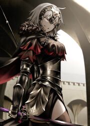 Rule 34 | 1girl, ahoge, armor, armored dress, chain, evil grin, evil smile, fate/grand order, fate (series), faulds, flag, fur trim, gauntlets, grey hair, grin, headpiece, highres, holding, holding flag, holding sword, holding weapon, jeanne d&#039;arc (fate), jeanne d&#039;arc alter (avenger) (fate), jeanne d&#039;arc alter (fate), plackart, smile, solo, sumi (gfgf 045), sword, teeth, thighhighs, weapon, yellow eyes