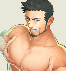 Rule 34 | 1boy, bara, beard, black hair, breast hold, breasts, facial hair, grabbing, green eyes, grin, itto (mentaiko), large pectorals, looking at viewer, male focus, manly, muscular, original, pectoral grab, pectorals, priapus (gyee), short hair, simple background, smile, solo, teeth, topless male, upper body