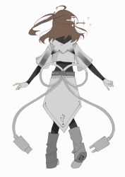 Rule 34 | 1girl, a.i. voice, adachi rei, ahoge, animal hood, belt, black bodysuit, bodysuit, boots, cable, cat hood, cropped shirt, facing away, floating hair, from behind, full body, glitch, grey belt, heel up, highres, hood, hood down, hooded shirt, knee boots, layered sleeves, long hair, long sleeves, one side up, overskirt, short over long sleeves, short sleeves, simple background, solo, sparkle, utau, white background, xiao juzi (woaishengchaoq)