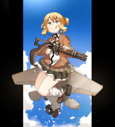 Rule 34 | 1girl, aircraft, airplane, ammunition, ammunition belt, amonitto, autocannon, blonde hair, blue eyes, blue sky, cannon, cloud, day, gatling gun, jacket, licking lips, long sleeves, mecha musume, multiple-barrel firearm, original, personification, rotary cannon, skirt, sky, smile, solo, tongue, tongue out
