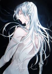 Rule 34 | 1boy, bishounen, blue eyes, bone, colored eyelashes, fins, head fins, i became a god in a horror game, long hair, long sleeves, looking back, male focus, mermaid, monster girl, solo, tavel, white hair, zaphylla