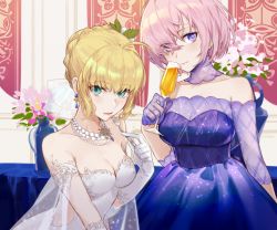 Rule 34 | 2girls, ahoge, alternate costume, aqua eyes, artoria pendragon (all), artoria pendragon (fate), banner, bare shoulders, bead necklace, beads, blonde hair, blue dress, blush, breasts, cleavage, closed mouth, collarbone, commentary request, csyday, cup, detached sleeves, dress, earrings, elbow gloves, fate/grand order, fate (series), fork, gloves, hair bun, hair over one eye, holding, holding cup, holding fork, indoors, jewelry, light purple hair, looking at viewer, mash kyrielight, mash kyrielight (chaldea dinnertime), medium breasts, mixed-language commentary, multiple girls, necklace, official alternate costume, purple eyes, saber (avalon celebrate) (fate), saber (fate), short hair, single hair bun, strapless, strapless dress, table, upper body, vase, white dress, white gloves