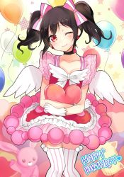 Rule 34 | 10s, 1girl, ;), balloon, black hair, bow, choker, collarbone, dress, earrings, gloves, gmanee, hair bow, happy birthday, heart, heart-shaped pillow, highres, jewelry, light smile, love live!, love live! school idol festival, love live! school idol project, one eye closed, pillow, red dress, red eyes, short hair, skirt, smile, solo, striped clothes, striped thighhighs, stuffed animal, stuffed rabbit, stuffed toy, thighhighs, twintails, vertical-striped clothes, vertical-striped thighhighs, white gloves, wings, yazawa nico