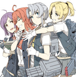 Rule 34 | 10s, 4girls, ahoge, arashi (kancolle), blonde hair, blue eyes, book, cannon, check commentary, commentary request, closed eyes, gloves, green hair, grin, hagikaze (kancolle), hug, hug from behind, kantai collection, maikaze (kancolle), multiple girls, neck ribbon, neckerchief, ninimo nimo, nowaki (kancolle), open mouth, pleated skirt, purple hair, red eyes, red hair, ribbon, rigging, school uniform, searchlight, short hair, short ponytail, simple background, skirt, smile, torpedo tubes, vest, white background, white gloves