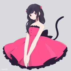 Rule 34 | 1girl, black bow, black hair, blush stickers, bow, cat tail, dress, long hair, looking at viewer, maco22, nail polish, original, pink dress, pink nails, signature, smile, solo, strapless, strapless dress, swept bangs, tail