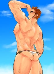 Rule 34 | 1boy, absurdres, ass, bara, bare back, beard, blue eyes, blush, brown hair, cowboy shot, dress, facial hair, fate/grand order, fate (series), glasses, highres, large pectorals, long sideburns, looking at viewer, male focus, male swimwear, mikeura (public yamiichi), muscular, napoleon bonaparte (fate), nipples, o-ring, o-ring swimsuit, pectorals, sideburns, simple background, smile, solo, swimsuit, thighs, thong, tight clothes, tight dress, tongue, topless male, upper body, white male swimwear