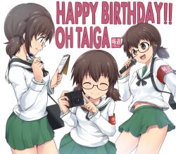 Rule 34 | 1girl, :q, armband, bag, black-framed eyewear, black neckerchief, blouse, brown eyes, brown hair, camera, carrying, character name, closed mouth, commentary, english text, facing viewer, from side, girls und panzer, glasses, green skirt, hair tie, happy birthday, holding, holding camera, holding microphone, holding notepad, holding pen, kasai shin, long sleeves, microphone, miniskirt, multiple views, navel, neckerchief, notepad, ooarai school uniform, open mouth, ou taiga, pen, pleated skirt, satchel, school uniform, semi-rimless eyewear, serafuku, shirt, short hair, skirt, smile, standing, tongue, tongue out, twintails, under-rim eyewear, white background, white shirt