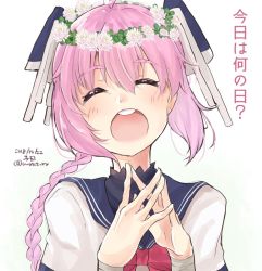 Rule 34 | 1girl, blue sailor collar, bow, braid, character name, dated, dress, closed eyes, head wreath, headgear, kantai collection, long hair, nenohi (kancolle), open mouth, pink hair, red bow, sailor collar, sailor dress, simple background, single braid, solo, teeth, thick eyebrows, twitter username, u yuz xx, upper body, upper teeth only, white background