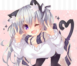 Rule 34 | 1girl, ;d, animal ears, bent over, black pantyhose, blush, cat ears, cat girl, cat tail, commentary request, double v, fang, hair between eyes, head tilt, heart, heart tail, highres, looking at viewer, one eye closed, ooji cha, open mouth, original, oziko (ooji cha), pantyhose, plaid, plaid skirt, pleated skirt, purple eyes, purple skirt, scarf, side ponytail, silver hair, skirt, smile, solo, sparkle, sweater, tail, v, white sweater