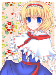 Rule 34 | 1girl, alice margatroid, blonde hair, blue eyes, capelet, clothes lift, dress, dress lift, hairband, kashiwadokoro, lolita hairband, looking at viewer, short hair, smile, solo, touhou