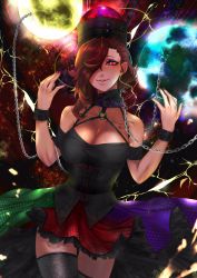 Rule 34 | 1girl, absurdres, bad id, bad twitter id, bifrst, body writing, bracelet, breasts, chain, choker, cleavage, corset, english text, eyelashes, hair over eyes, hair over one eye, hat, hecatia lapislazuli, highres, jewelry, multicolored clothes, multicolored skirt, nail polish, planet, red eyes, red hair, skirt, smirk, solo, tattoo, text focus, thighhighs, touhou, wavy hair