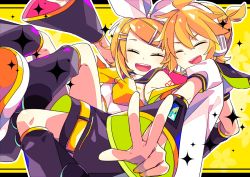 Rule 34 | 1boy, 1girl, ^ ^, anniversary, arm tattoo, arm up, blonde hair, bow, brother and sister, closed eyes, colorful, detached sleeves, closed eyes, foreshortening, hair bow, hair ornament, hairclip, happy, headphones, headset, kagamine len, kagamine rin, leaning back, leaning on person, leg warmers, nail polish, number tattoo, open mouth, sailor collar, short hair, shorts, siblings, smile, tattoo, twins, v, vocaloid, yellow nails, yellow neckwear, yoshiki